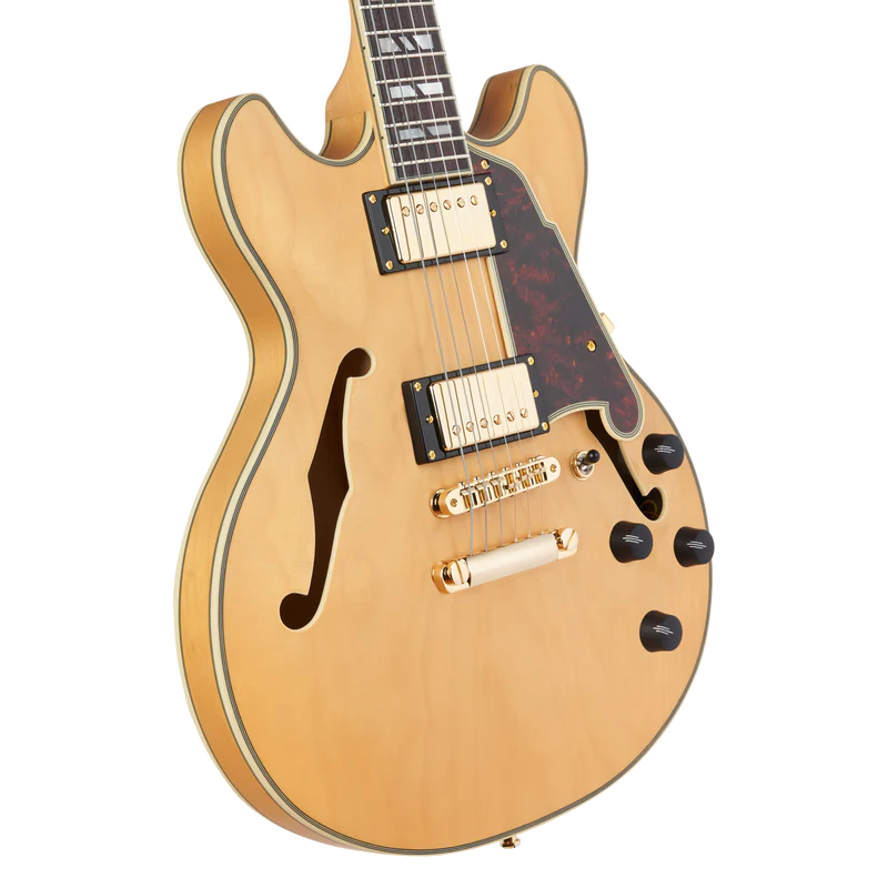 D'Angelico DELUXE MINI DC Series Semi Hollow-Body Electric Guitar (Satin Honey) with Hard Shell Case - New Open Box