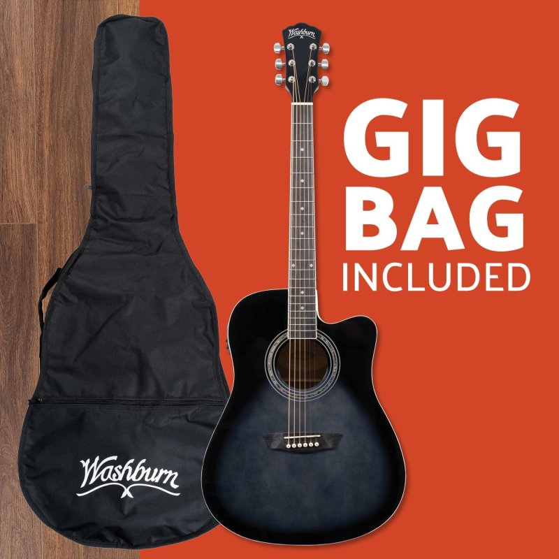 Washburn WA90CETBBPACK Learn & Play Pack Acoustic Electric Guitar Bundle | With Case | Transparent Black Burst