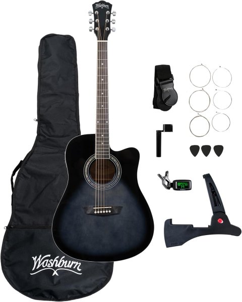 Washburn WA90CETBBPACK Learn & Play Pack Acoustic Electric Guitar Bundle | With Case | Transparent Black Burst