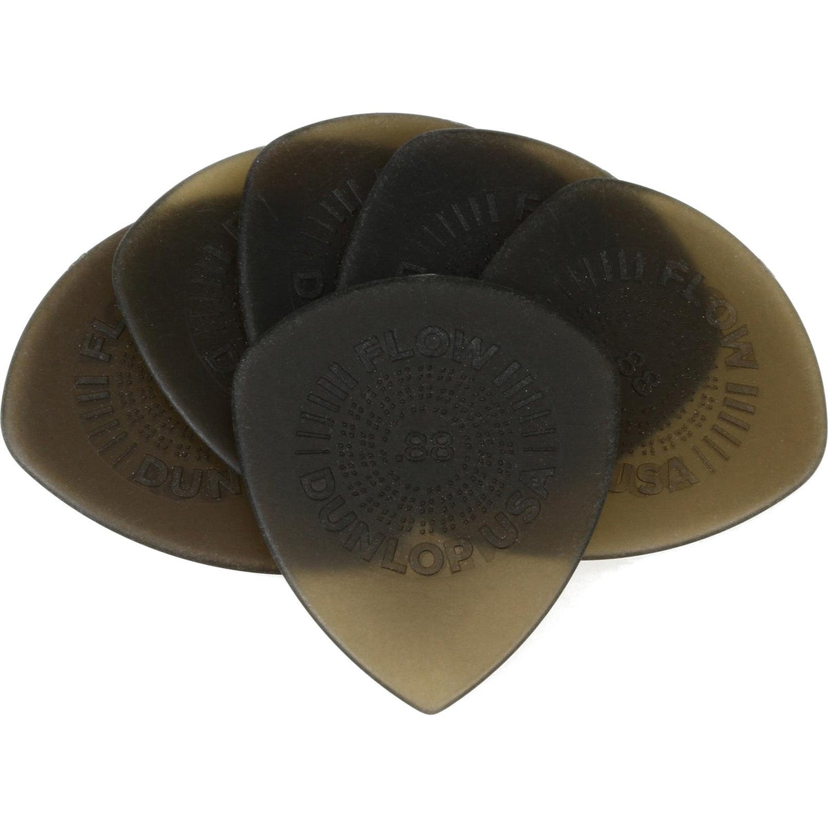 Six Dunlop Flow Standard Grip 0.88mm picks fanned out, the full 6-pack