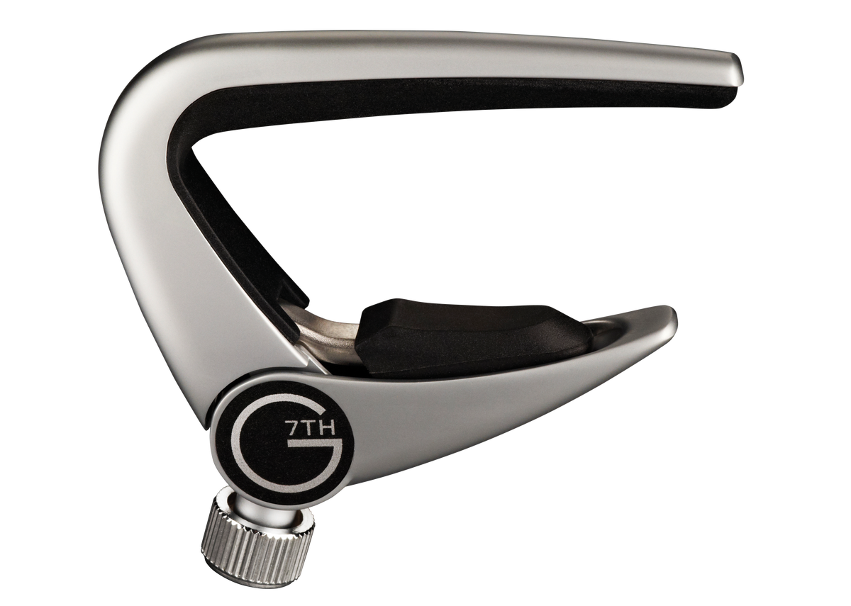 G7th Newport steel-string guitar capo in silver, side view