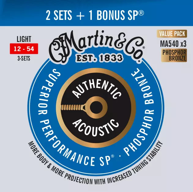 Martin Guitars MA540 Authentic Acoustic Phosphor Bronze Strings (3 Pack) - Light