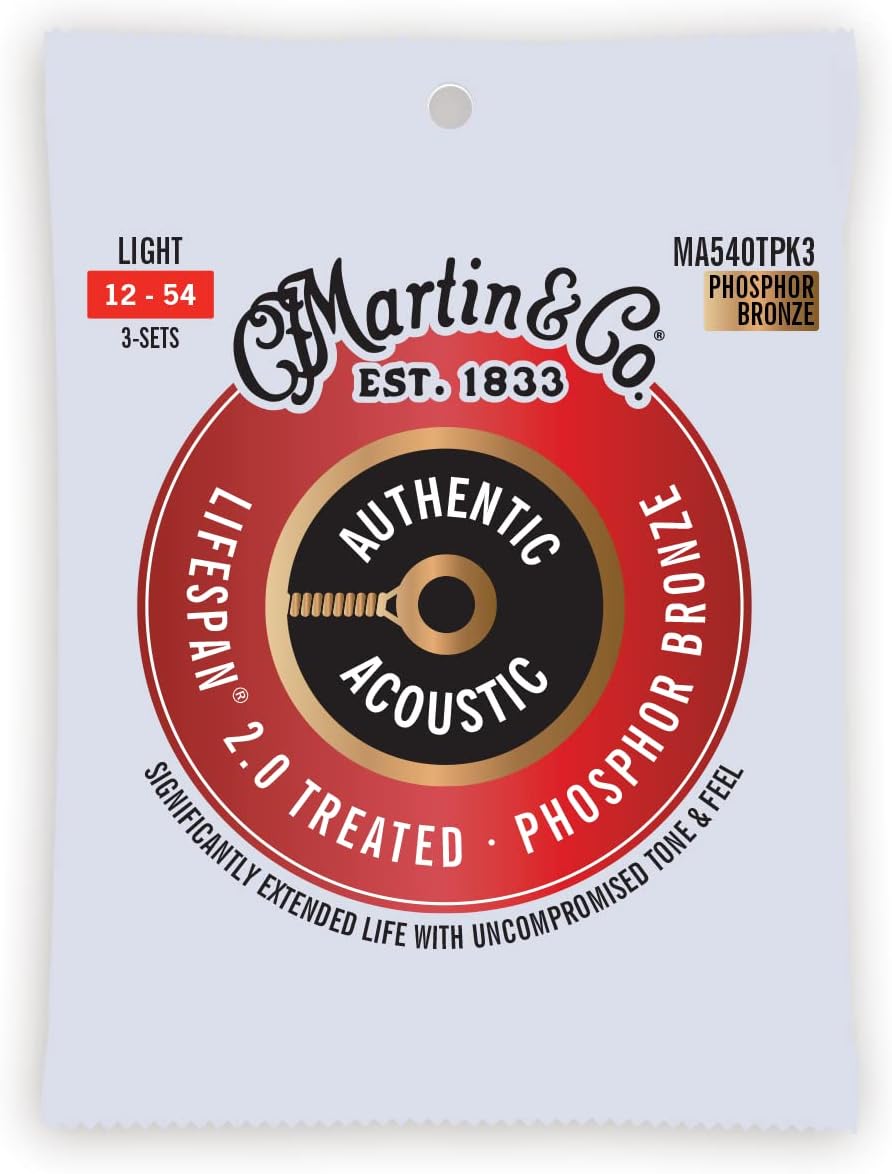 Martin Authentic Acoustic Guitar Strings - 3 Pack - Lifespan 2.0 Treated 92/8 Light - 12 -54