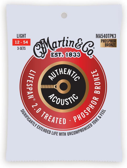 Martin Authentic Acoustic Guitar Strings - 3 Pack - Lifespan 2.0 Treated 92/8 Light - 12 -54