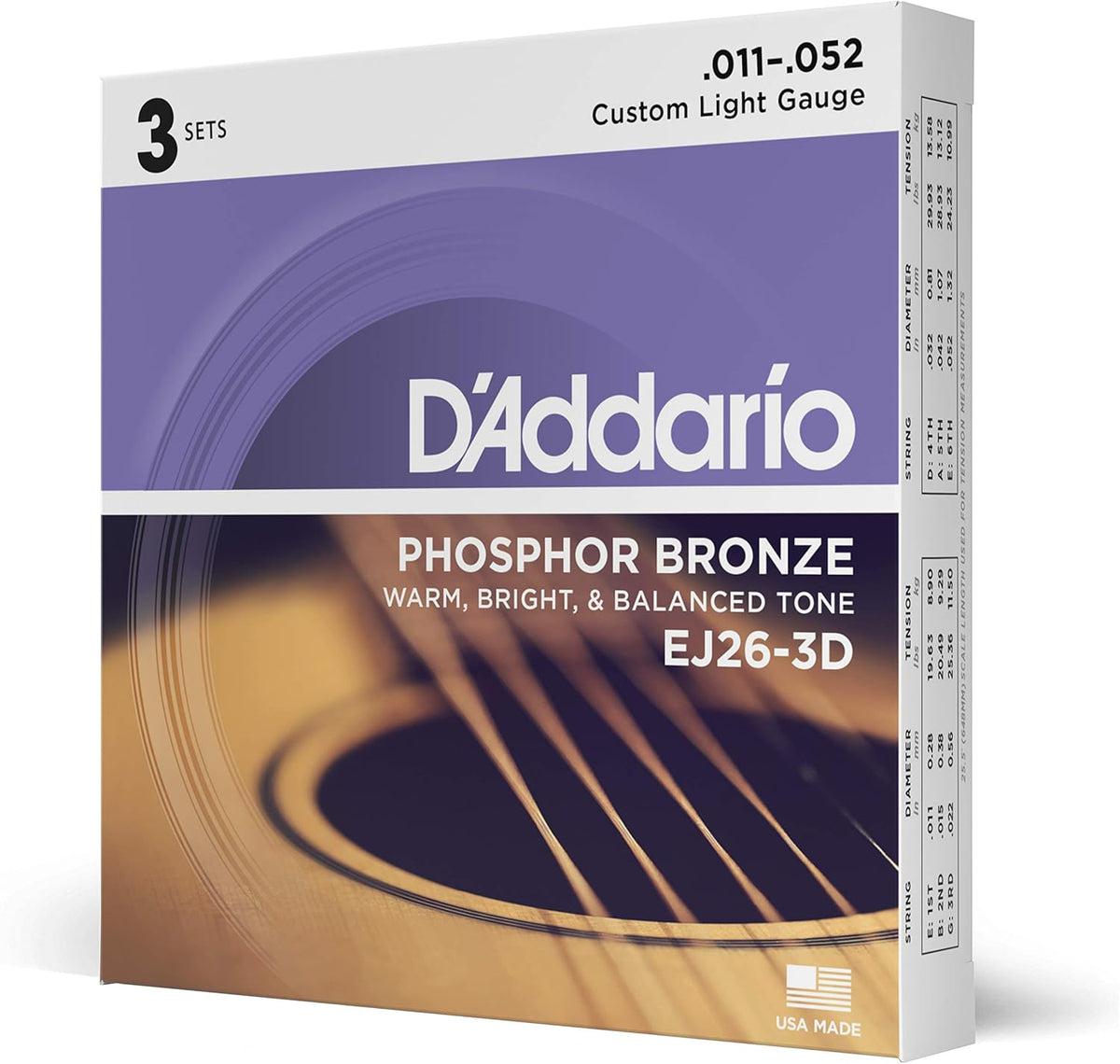 3 jeux de cordes pour guitare acoustique D'Addario Phosphor Bronze
