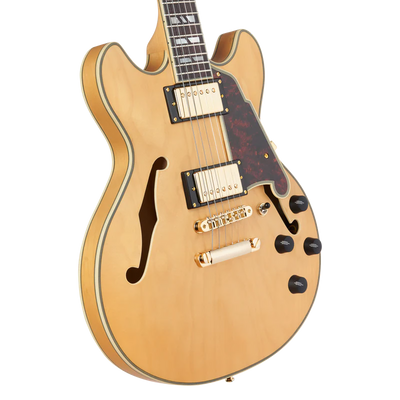 D'Angelico DELUXE MINI DC Series Semi Hollow-Body Electric Guitar (Satin Honey) with Hard Shell Case - New Open Box