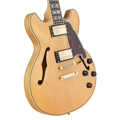 D'Angelico DELUXE MINI DC Series Semi Hollow-Body Electric Guitar (Satin Honey) with Hard Shell Case - New Open Box