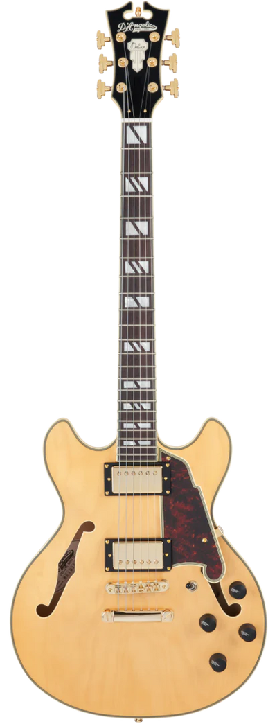 D'Angelico DELUXE MINI DC Series Semi Hollow-Body Electric Guitar (Satin Honey) with Hard Shell Case - New Open Box