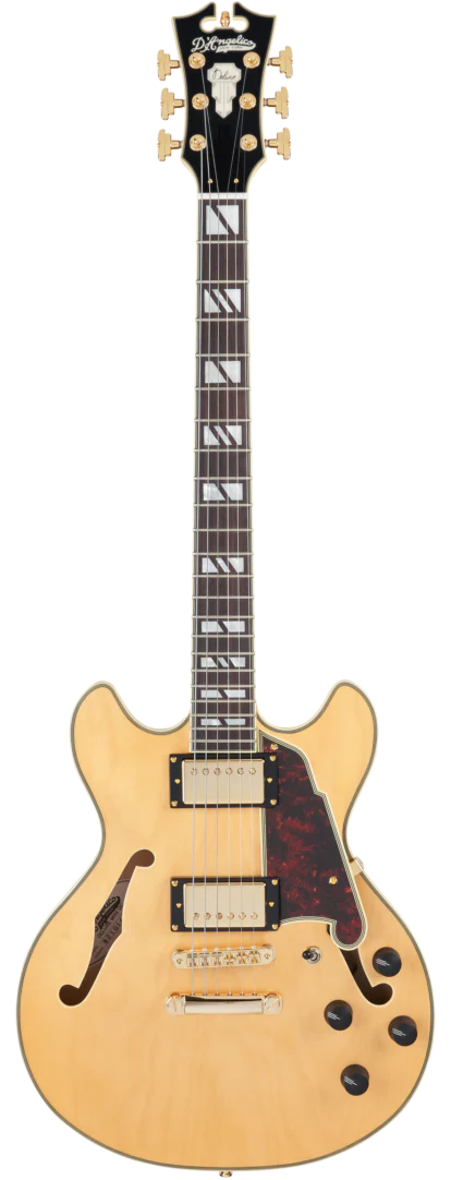 D'Angelico DELUXE MINI DC Series Semi Hollow-Body Electric Guitar (Satin Honey) with Hard Shell Case - New Open Box