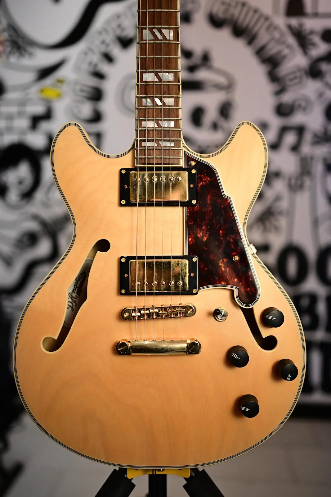 D'Angelico DELUXE MINI DC Series Semi Hollow-Body Electric Guitar (Satin Honey) with Hard Shell Case - New Open Box