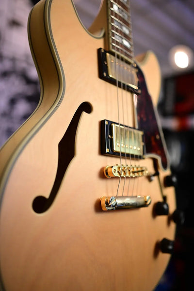D'Angelico DELUXE MINI DC Series Semi Hollow-Body Electric Guitar (Satin Honey) with Hard Shell Case - New Open Box