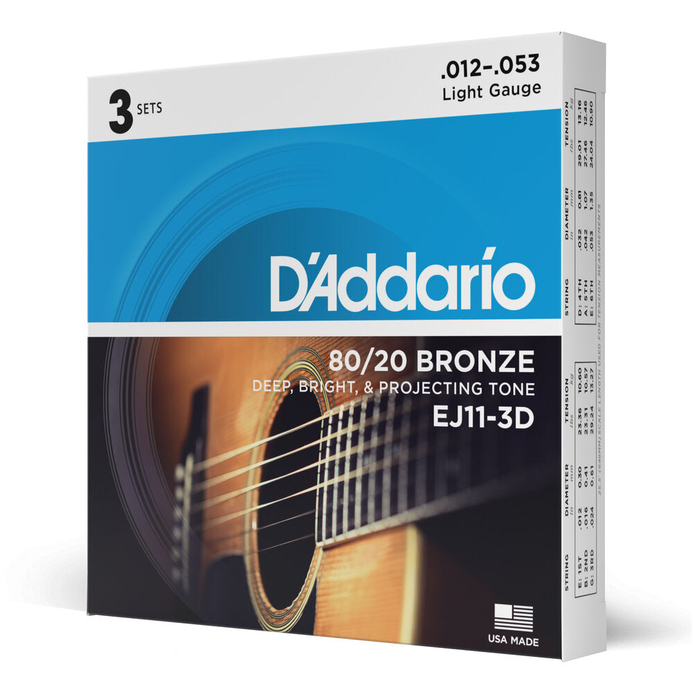 3 jeux de cordes pour guitare acoustique D'Addario Phosphor Bronze
