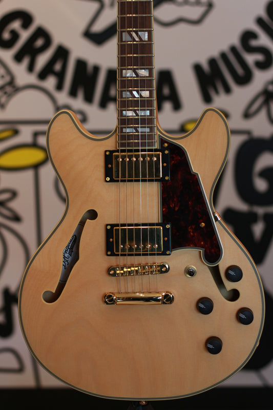 D'Angelico DELUXE MINI DC Series Semi Hollow-Body Electric Guitar (Satin Honey) with Hard Shell Case - New Open Box