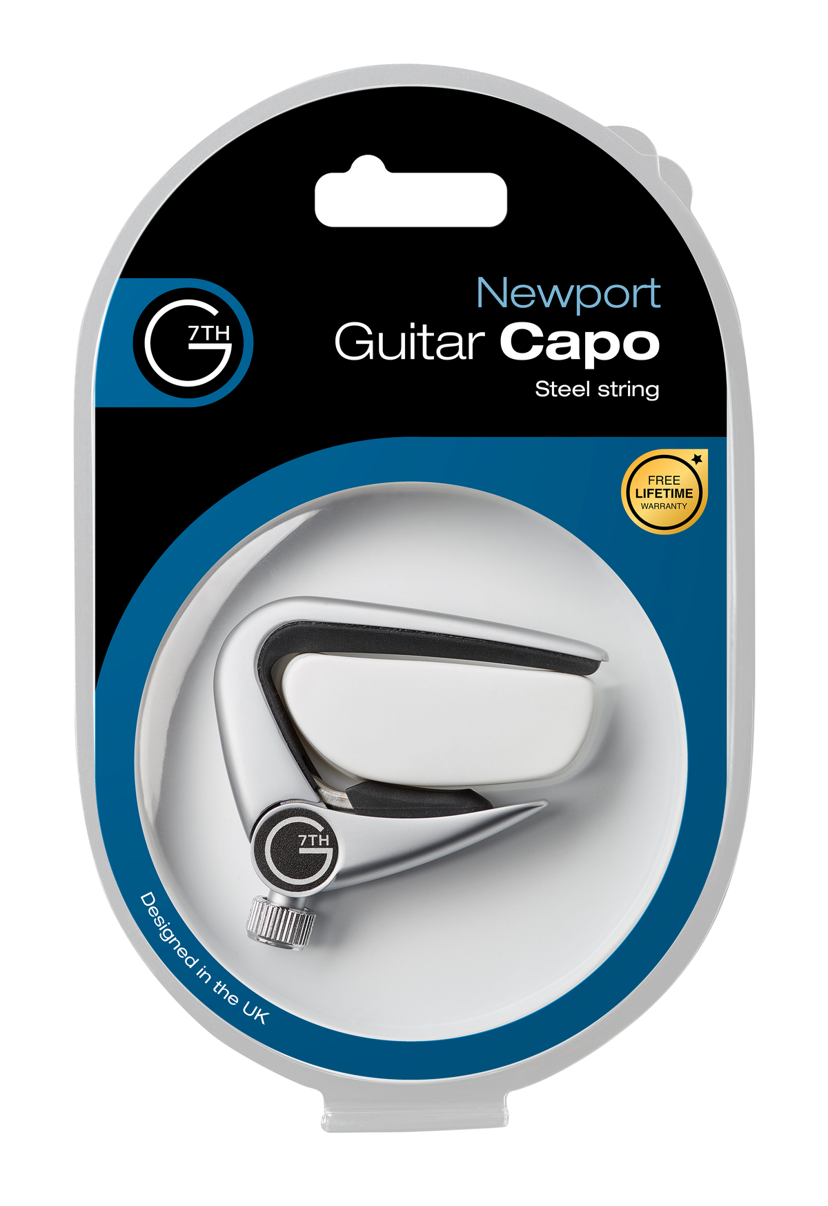 G7th Newport silver guitar capo in its retail packaging