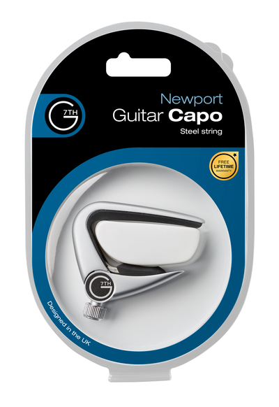 G7th Newport silver guitar capo in its retail packaging