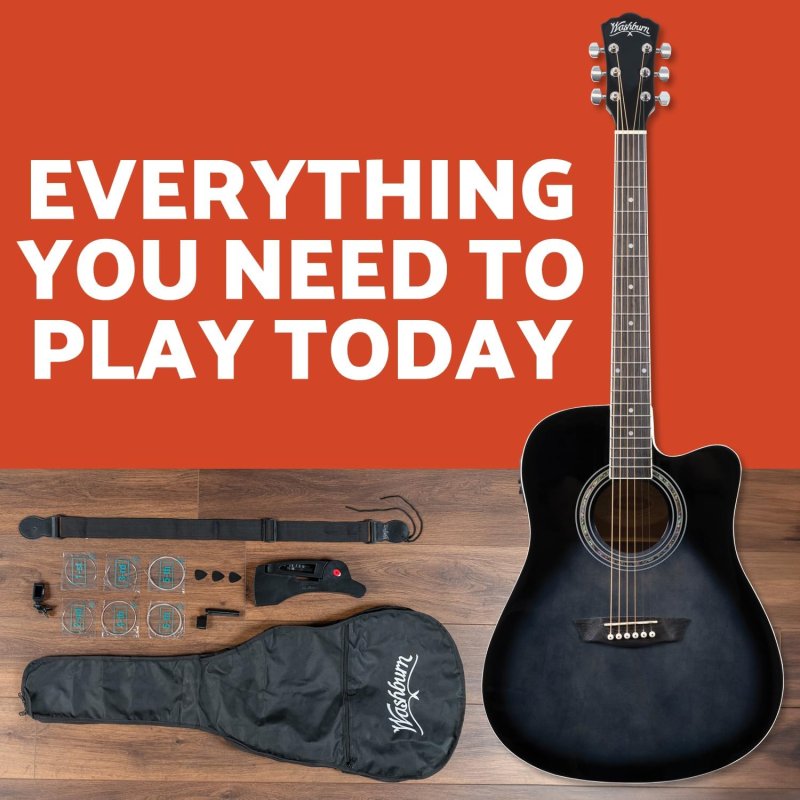 Washburn WA90CETBBPACK Learn & Play Pack Acoustic Electric Guitar Bundle. Transparent Black Burst